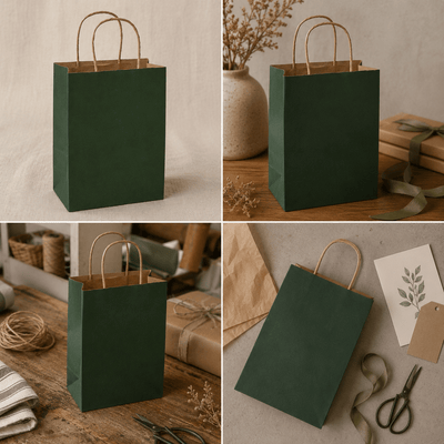 Sacoșe hârtie cu mâner răsucit - verde închis (set 12 buc) - CraftUp