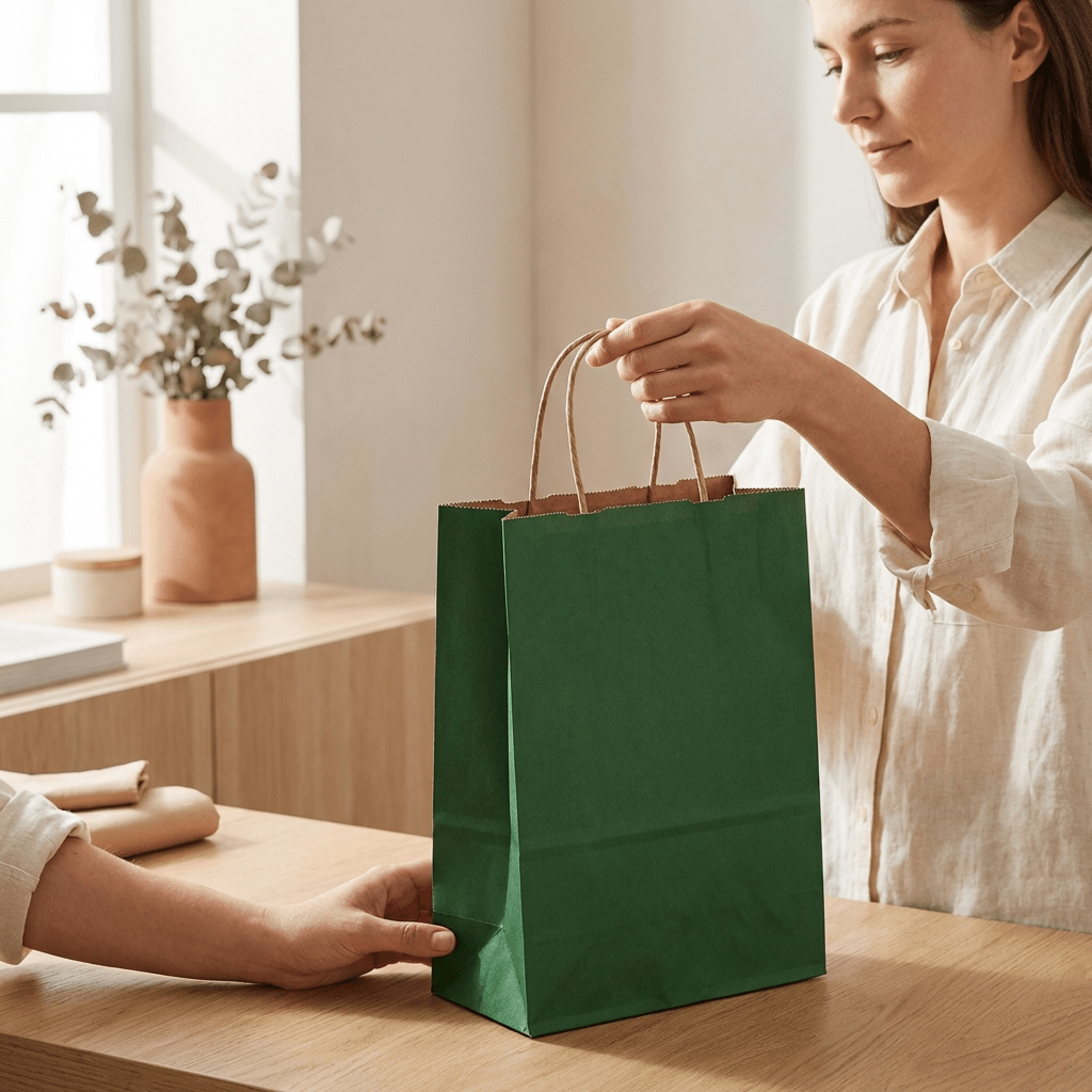 Sacoșe hârtie cu mâner răsucit - verde închis (set 12 buc) - CraftUp