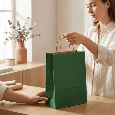 Sacoșe hârtie cu mâner răsucit - verde închis (set 12 buc) - CraftUp