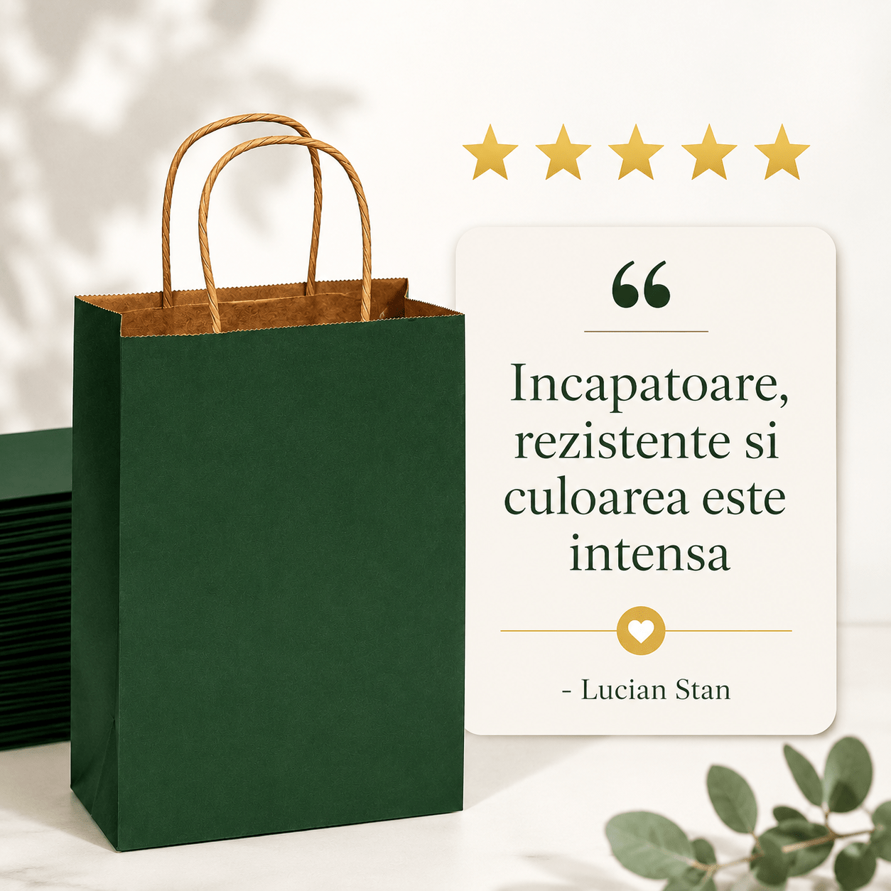 Sacoșe hârtie cu mâner răsucit - verde închis (set 12 buc) - CraftUp