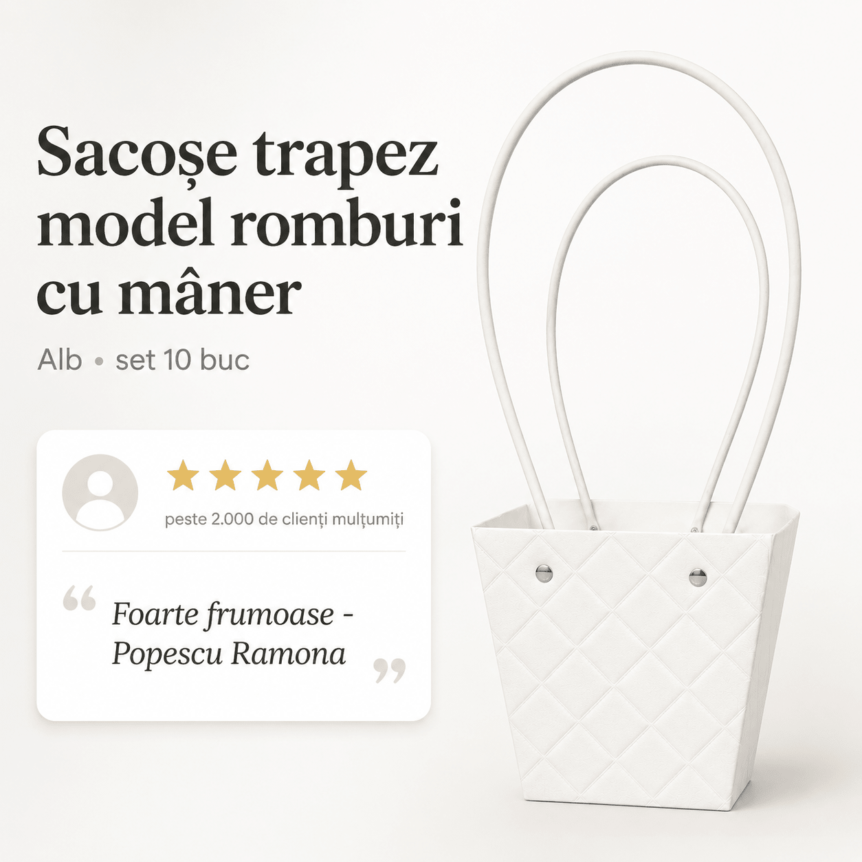 Sacoșe trapez model romburi cu mâner - alb (set 10 buc) - CraftUp