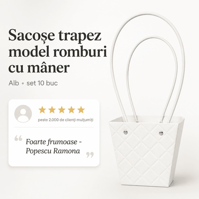 Sacoșe trapez model romburi cu mâner - alb (set 10 buc) - CraftUp