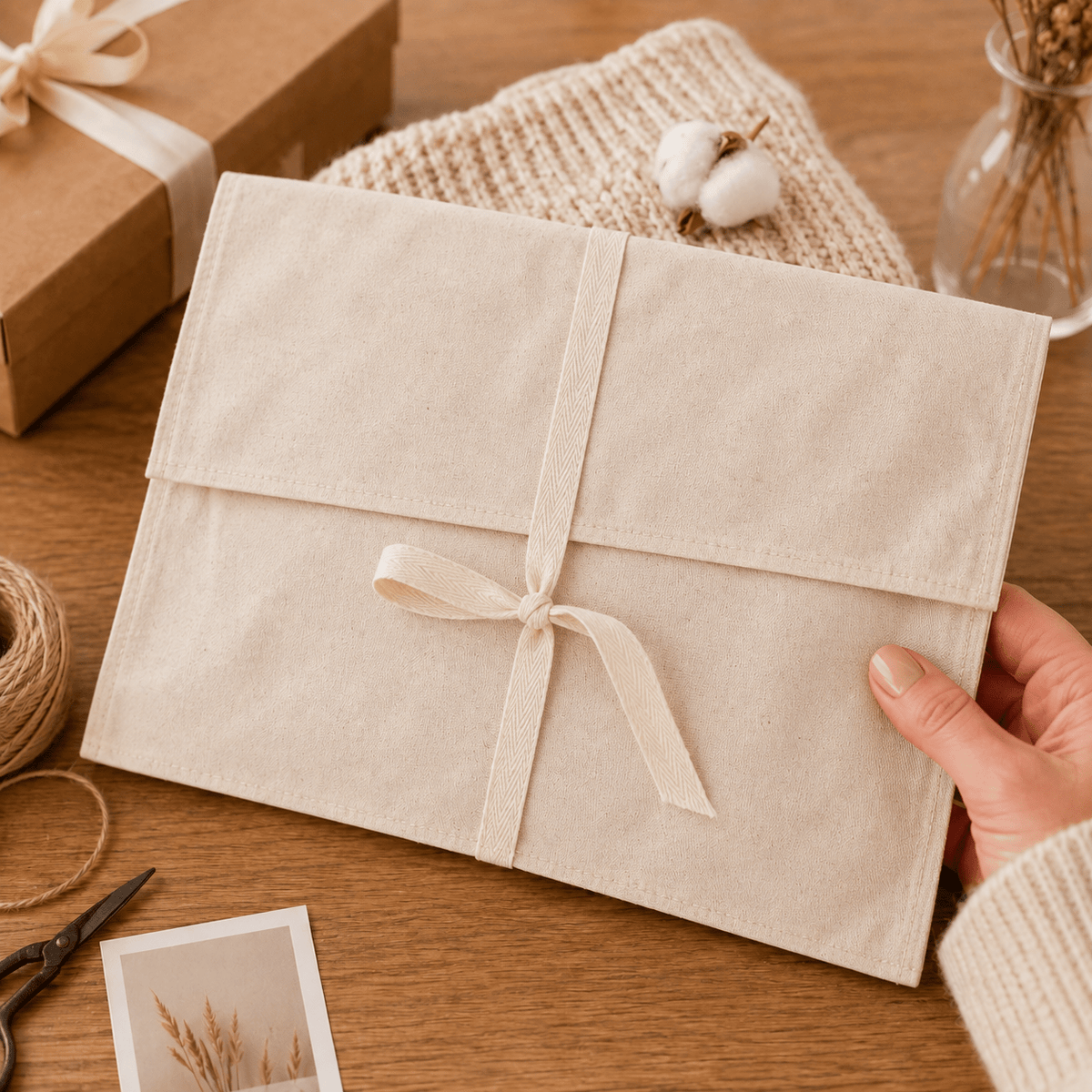 Săculeț plic bumbac cu panglică - bej - CraftUp
