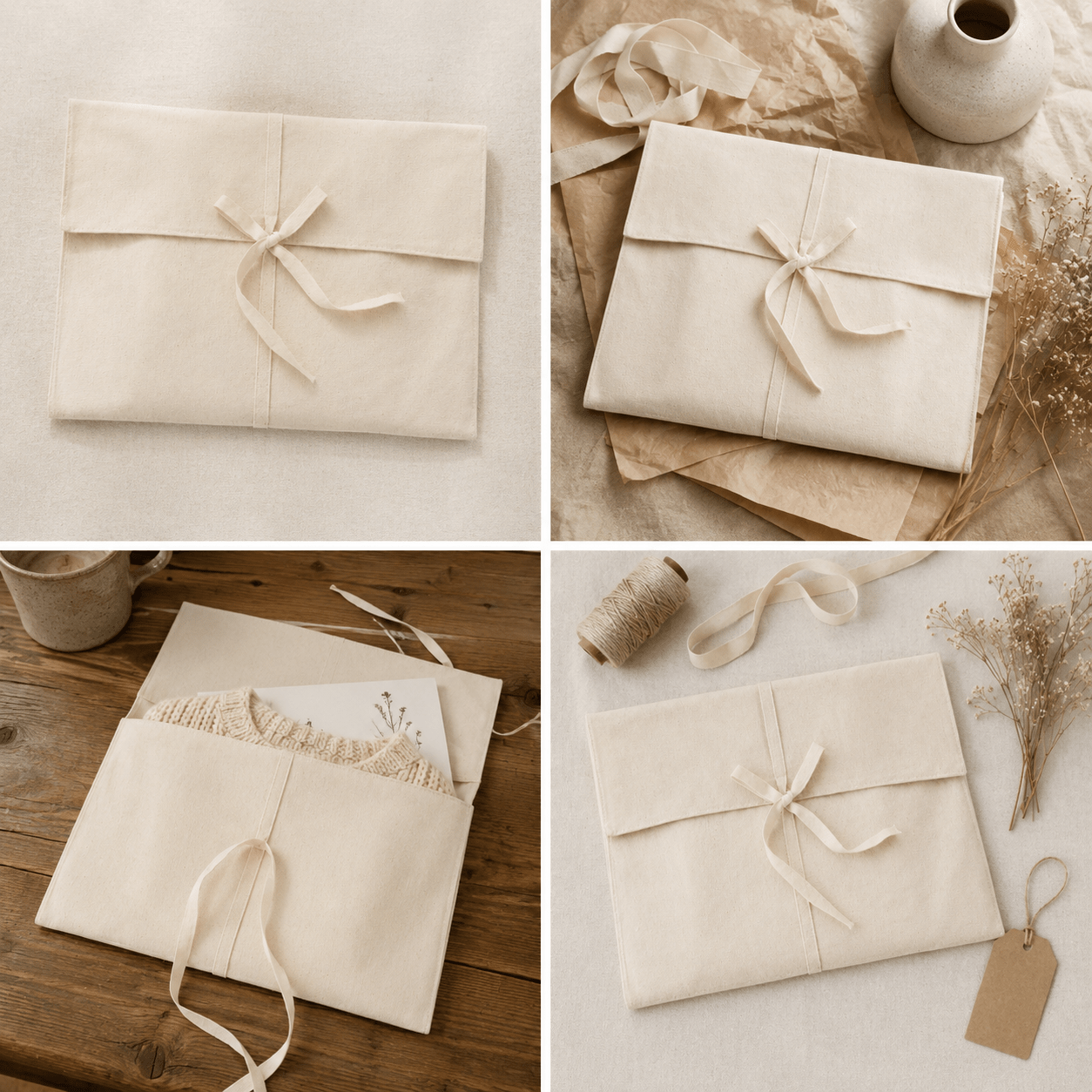 Săculeț plic bumbac cu panglică - bej - CraftUp