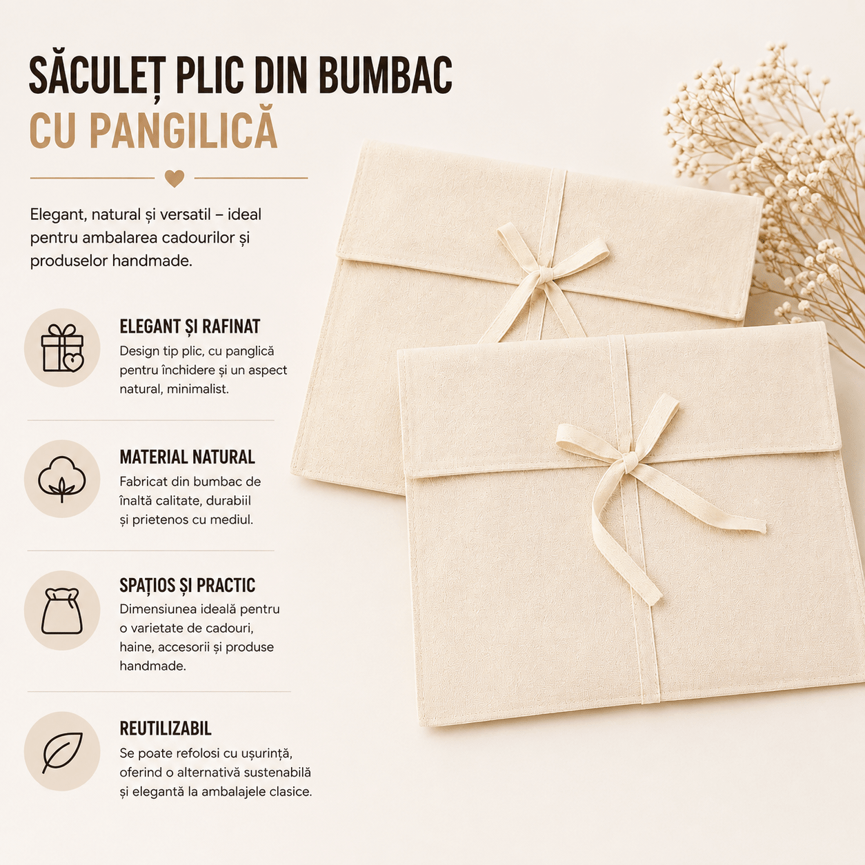 Săculeț plic bumbac cu panglică - bej - CraftUp