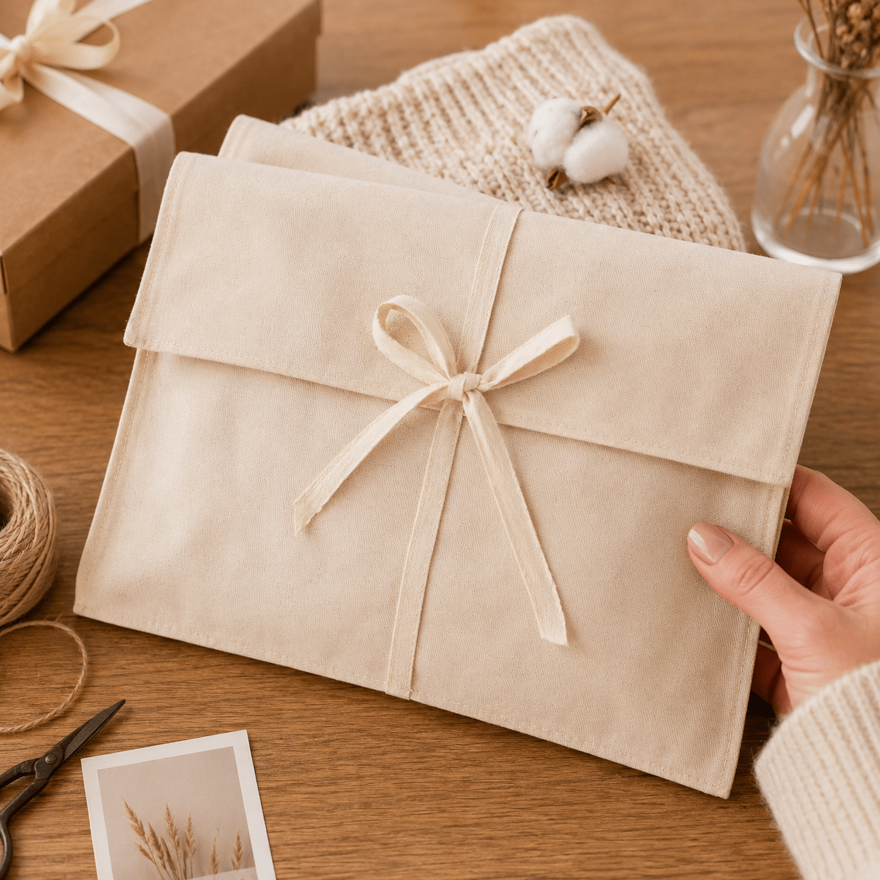 Săculeț plic bumbac cu panglică - bej - CraftUp