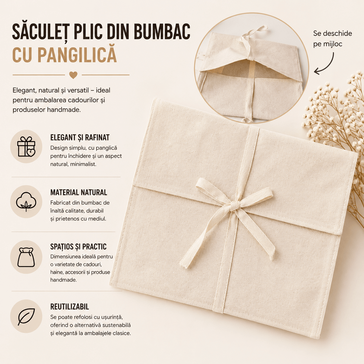 Săculeț plic bumbac cu panglică - bej - CraftUp