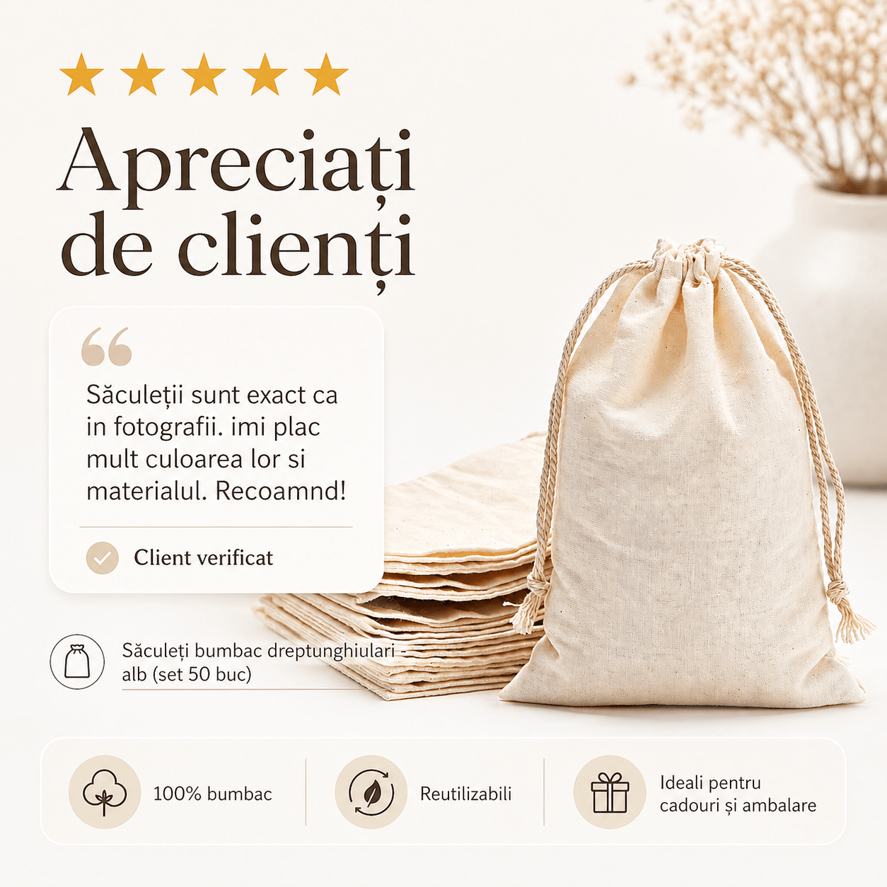 Săculeți bumbac dreptunghiulari - alb (set 50 buc) - CraftUp