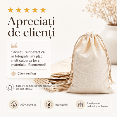 Săculeți bumbac dreptunghiulari - alb (set 50 buc) - CraftUp