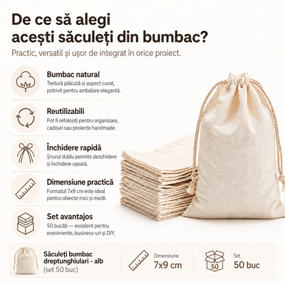 Săculeți bumbac dreptunghiulari - alb (set 50 buc) - CraftUp