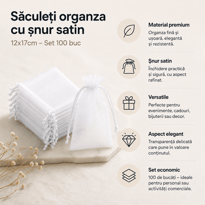 Săculeți organza cu șnur satin 12x17cm (set 100 buc) - CraftUp
