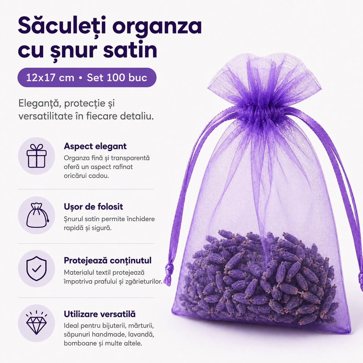 Săculeți organza cu șnur satin 12x17cm (set 100 buc) - CraftUp