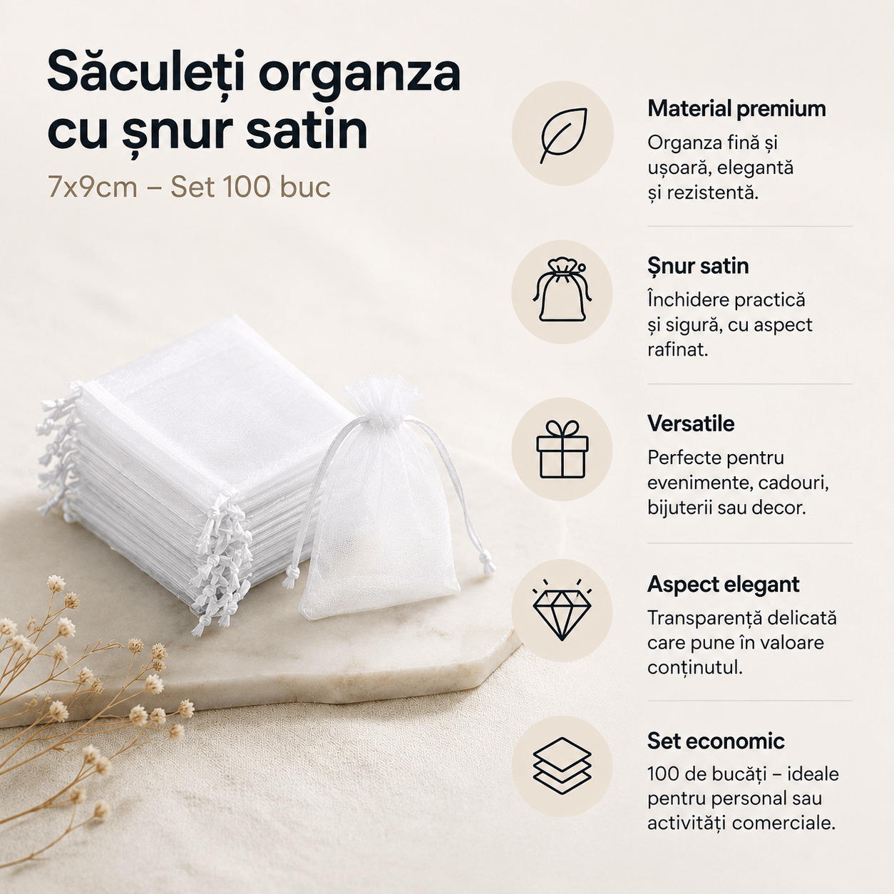 Săculeți organza cu șnur satin 7x9cm (set 100 buc) - CraftUp