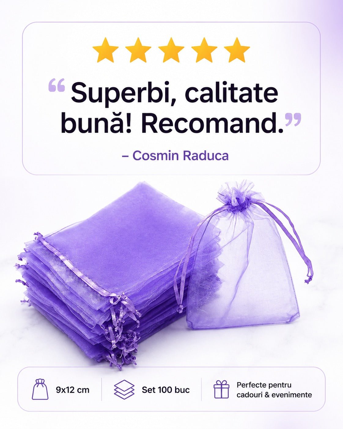 Săculeți organza cu șnur satin 9x12cm (set 100 buc) - CraftUp