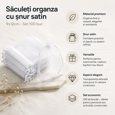 Săculeți organza cu șnur satin 9x12cm (set 100 buc) - CraftUp