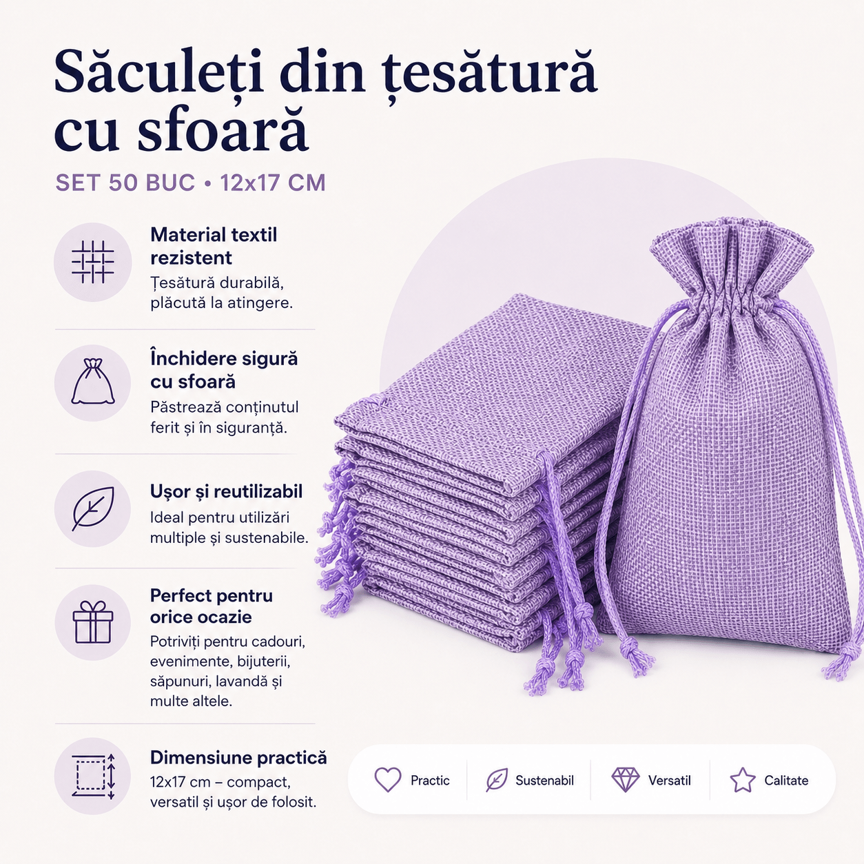 Săculeți țesătură sac cu sfoară 12x17cm (set 50 buc) - CraftUp