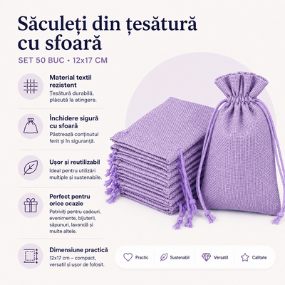 Săculeți țesătură sac cu sfoară 12x17cm (set 50 buc) - CraftUp