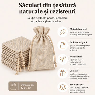 Săculeți țesătură sac cu sfoară 12x17cm (set 50 buc) - CraftUp