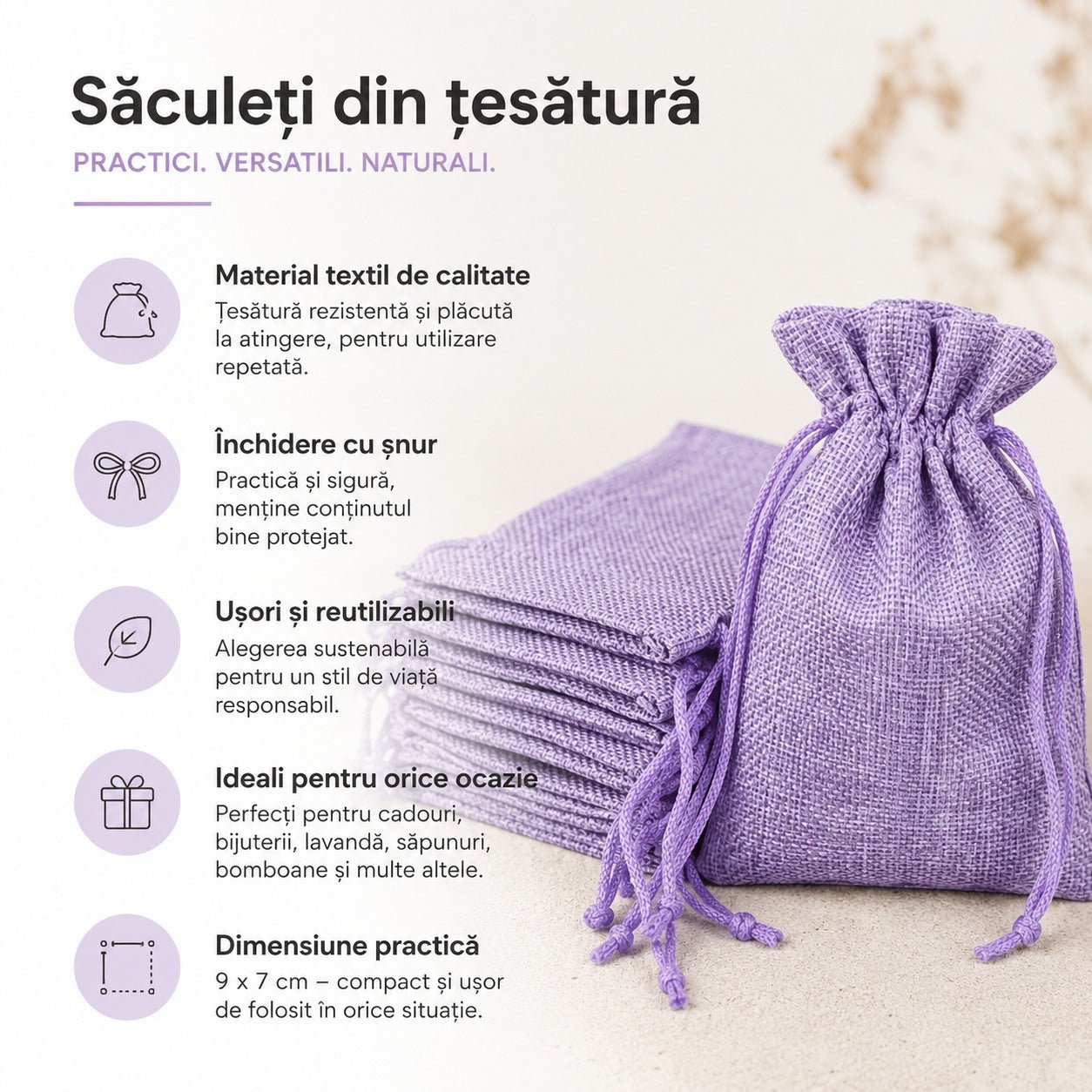 Săculeți țesătură sac cu sfoară 7x9cm (set 50 buc) - CraftUp