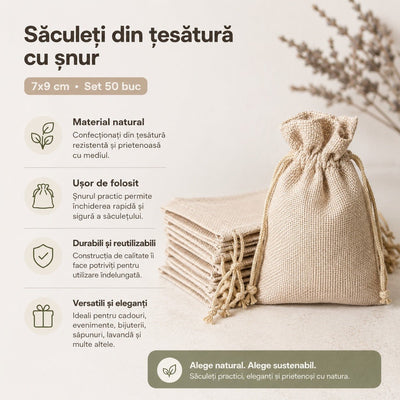 Săculeți țesătură sac cu sfoară 7x9cm (set 50 buc) - CraftUp