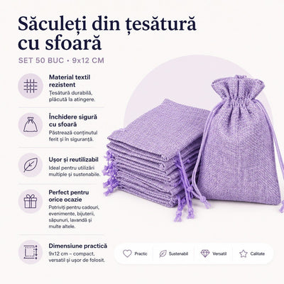 Săculeți țesătură sac cu sfoară 9x12cm (set 50 buc) - CraftUp