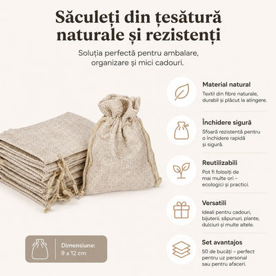 Săculeți țesătură sac cu sfoară 9x12cm (set 50 buc) - CraftUp
