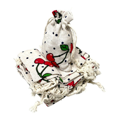 Săculeți textil dreptunghiulari model Cireșe - alb (set 50 buc) 9x12cm - CraftUp