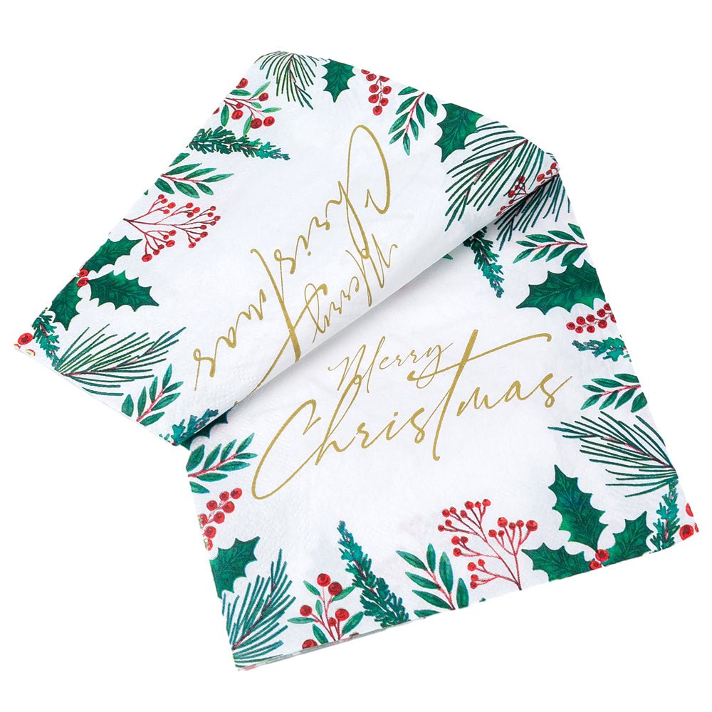 Șervețele de Crăciun cu ramuri verzi și text auriu (set 20 buc) - CraftUp