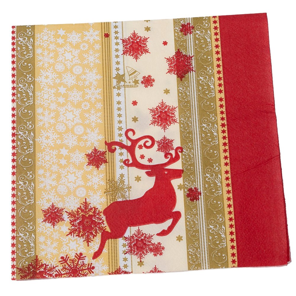 Șervețele de Crăciun cu ren roșu și benzi aurii (set 20 buc) - CraftUp