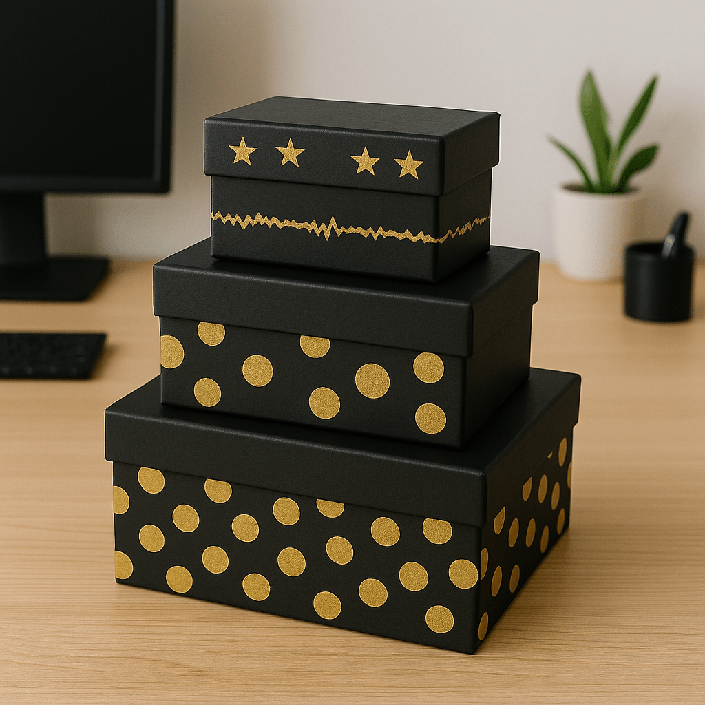 Set 10 cutii dreptunghiulare diferite - model 5 negru cu buline - CraftUp