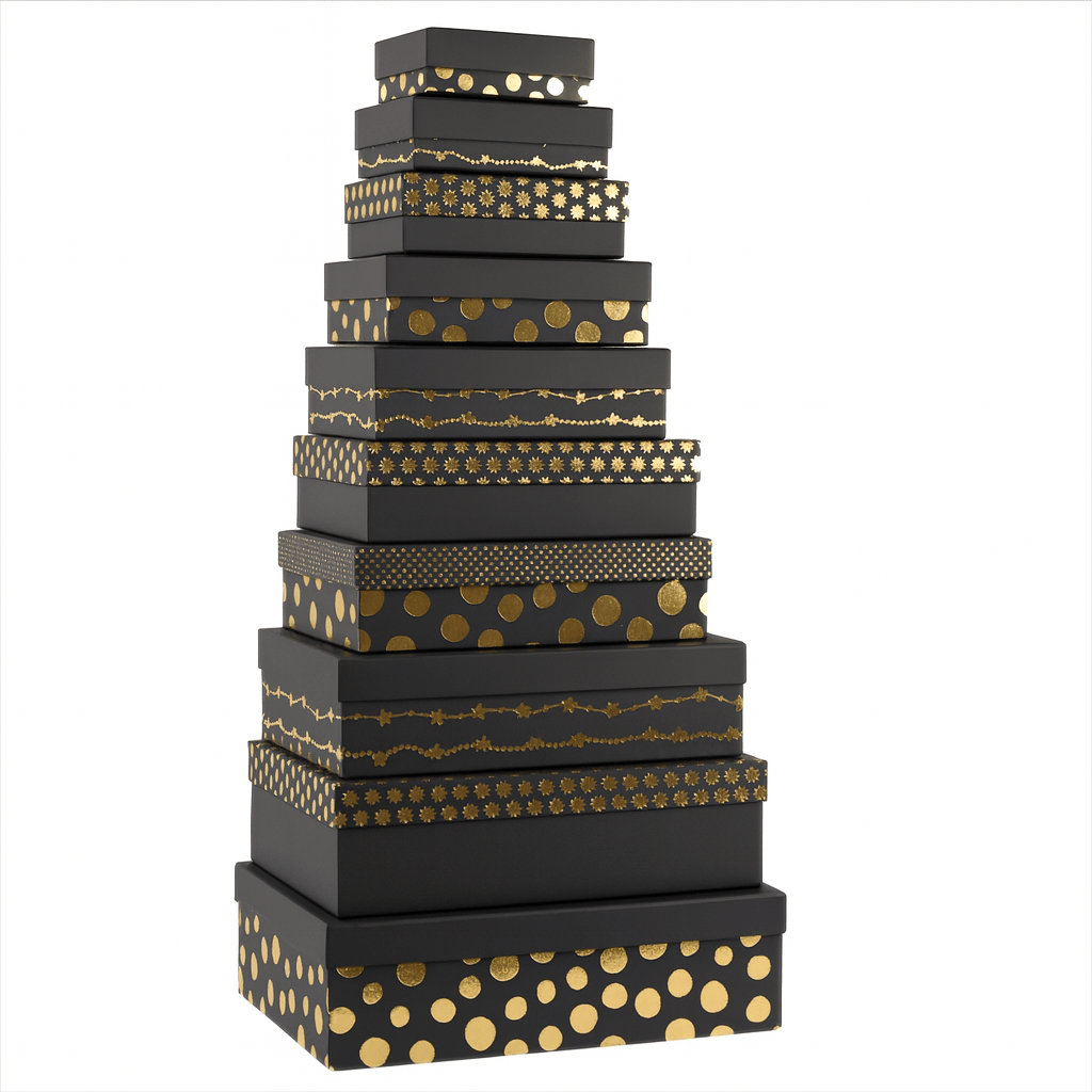 Set 10 cutii dreptunghiulare diferite - model 5 negru cu buline - CraftUp