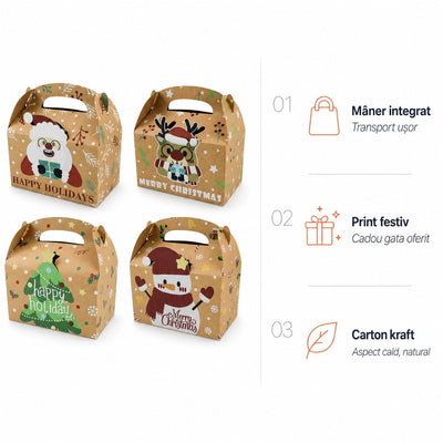 Set 12 cutii Crăciun 4 modele cu mâner - kraft - CraftUp