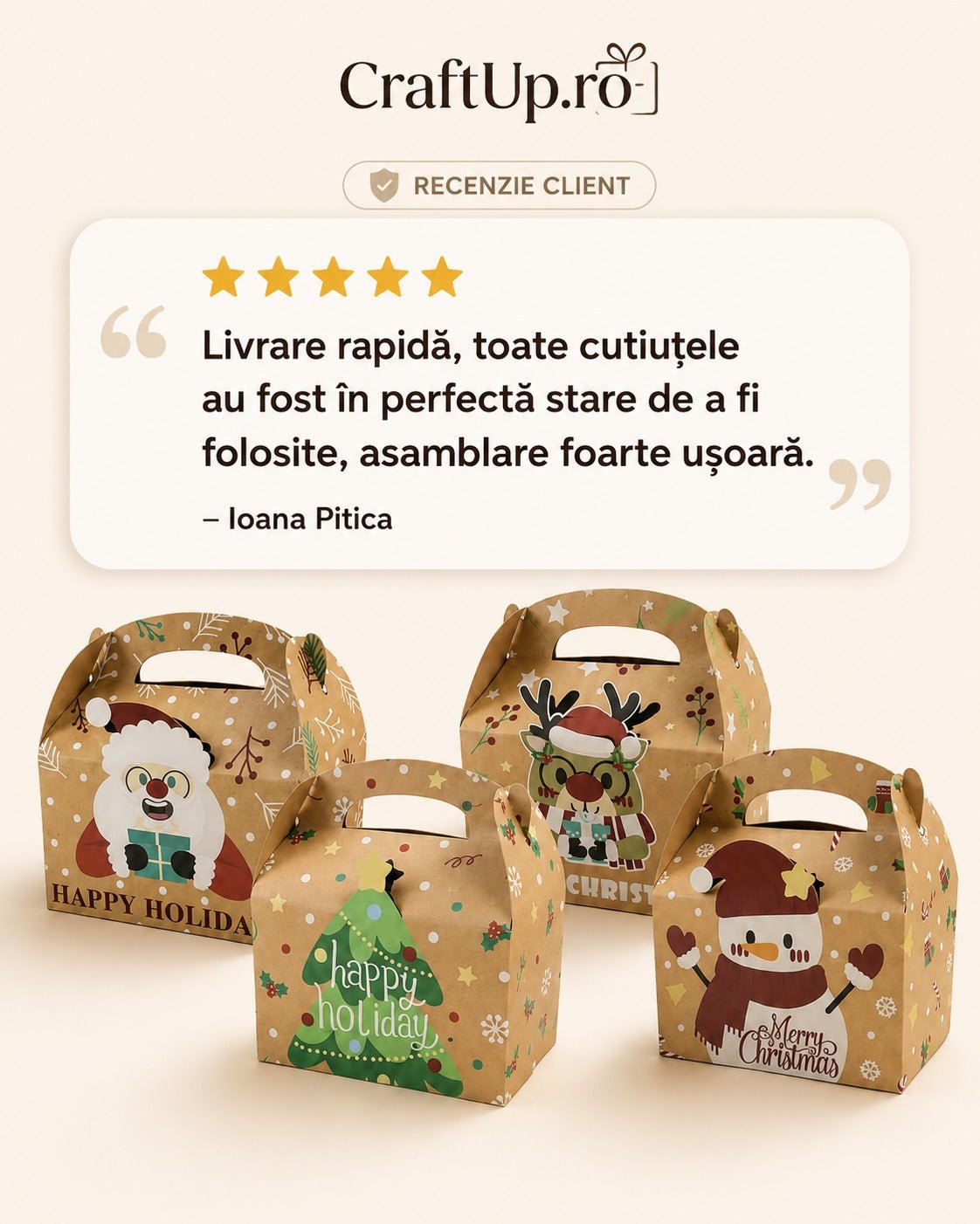 Set 12 cutii Crăciun 4 modele cu mâner - kraft - CraftUp