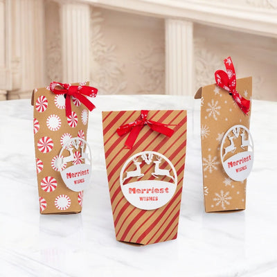 Set 24 pungi 3 modele diferite de Crăciun cu fundă și etichetă reni - kraft - CraftUp
