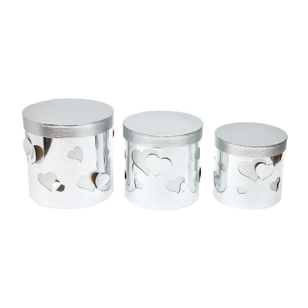 Set 3 cutii rotunde lucioase cu inimi - argintiu - CraftUp