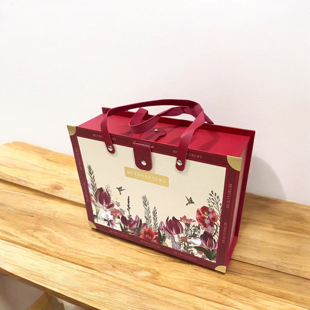 Set 3 cutii stil gentuță pentru cadouri cu mâner model retro - roșu - CraftUp