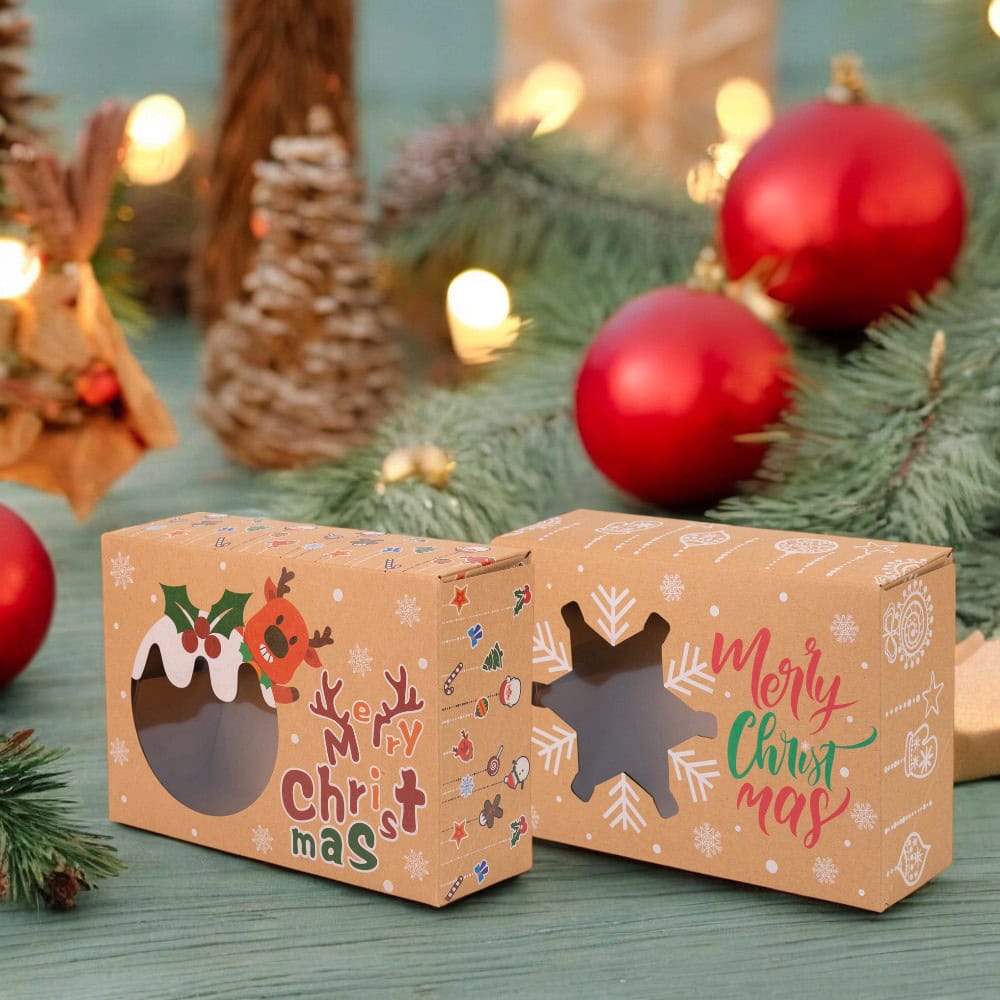 Set 8 cutii Crăciun 4 modele cu fereastră, etichetă si sfoară - kraft - CraftUp
