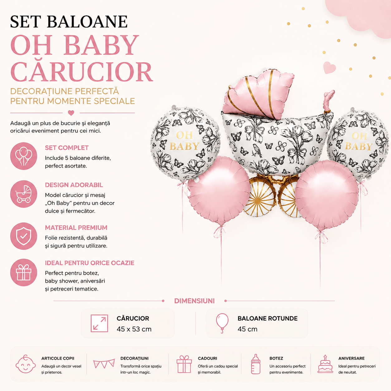 Set baloane Oh Baby cărucior - roz (set 5 buc baloane diferite) - CraftUp