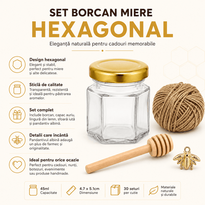 Set borcan hexagonal pentru miere cu lingură și pandantiv (cutie 30 de seturi) - CraftUp