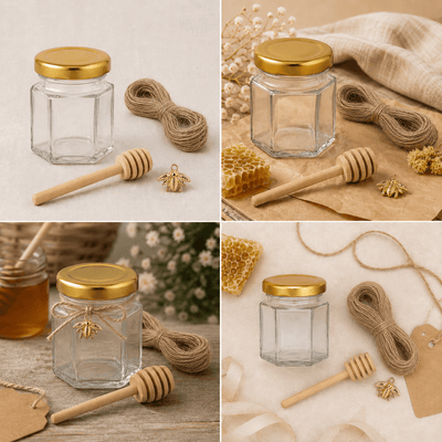 Set borcan hexagonal pentru miere cu lingură și pandantiv (cutie 30 de seturi) - CraftUp