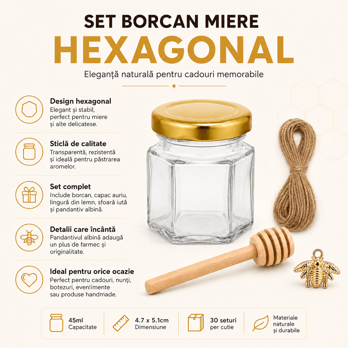 Set borcan hexagonal pentru miere cu lingură și pandantiv (cutie 30 de seturi) - CraftUp