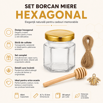 Set borcan hexagonal pentru miere cu lingură și pandantiv (cutie 30 de seturi) - CraftUp