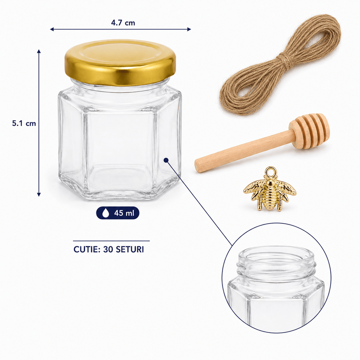Set borcan hexagonal pentru miere cu lingură și pandantiv (cutie 30 de seturi) - CraftUp