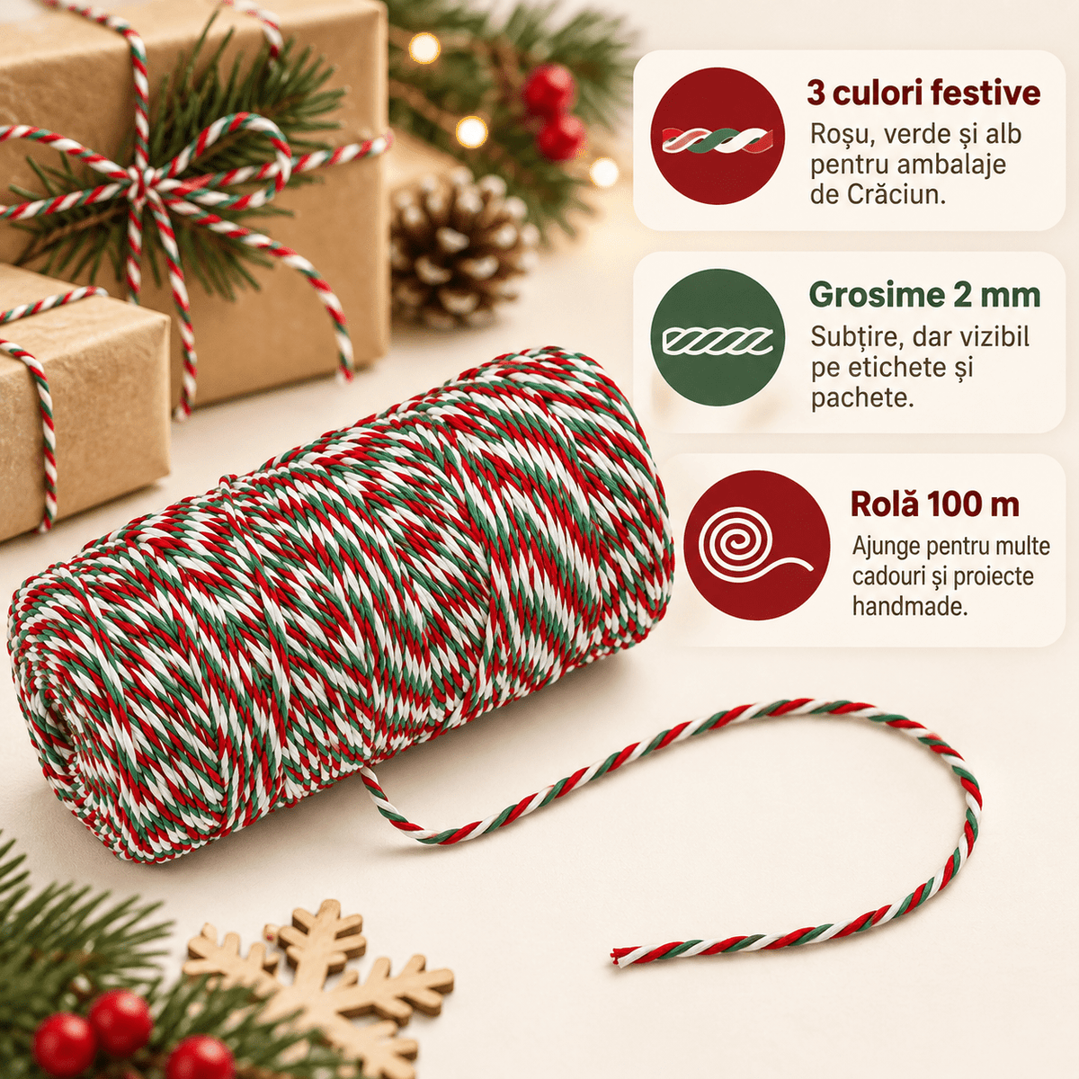 Sfoară decorativă de Crăciun - roșu, verde și alb (100 m) - CraftUp
