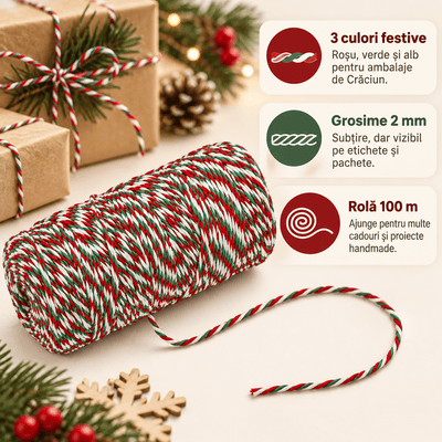 Sfoară decorativă de Crăciun - roșu, verde și alb (100 m) - CraftUp