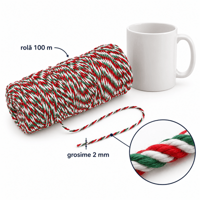 Sfoară decorativă de Crăciun - roșu, verde și alb (100 m) - CraftUp