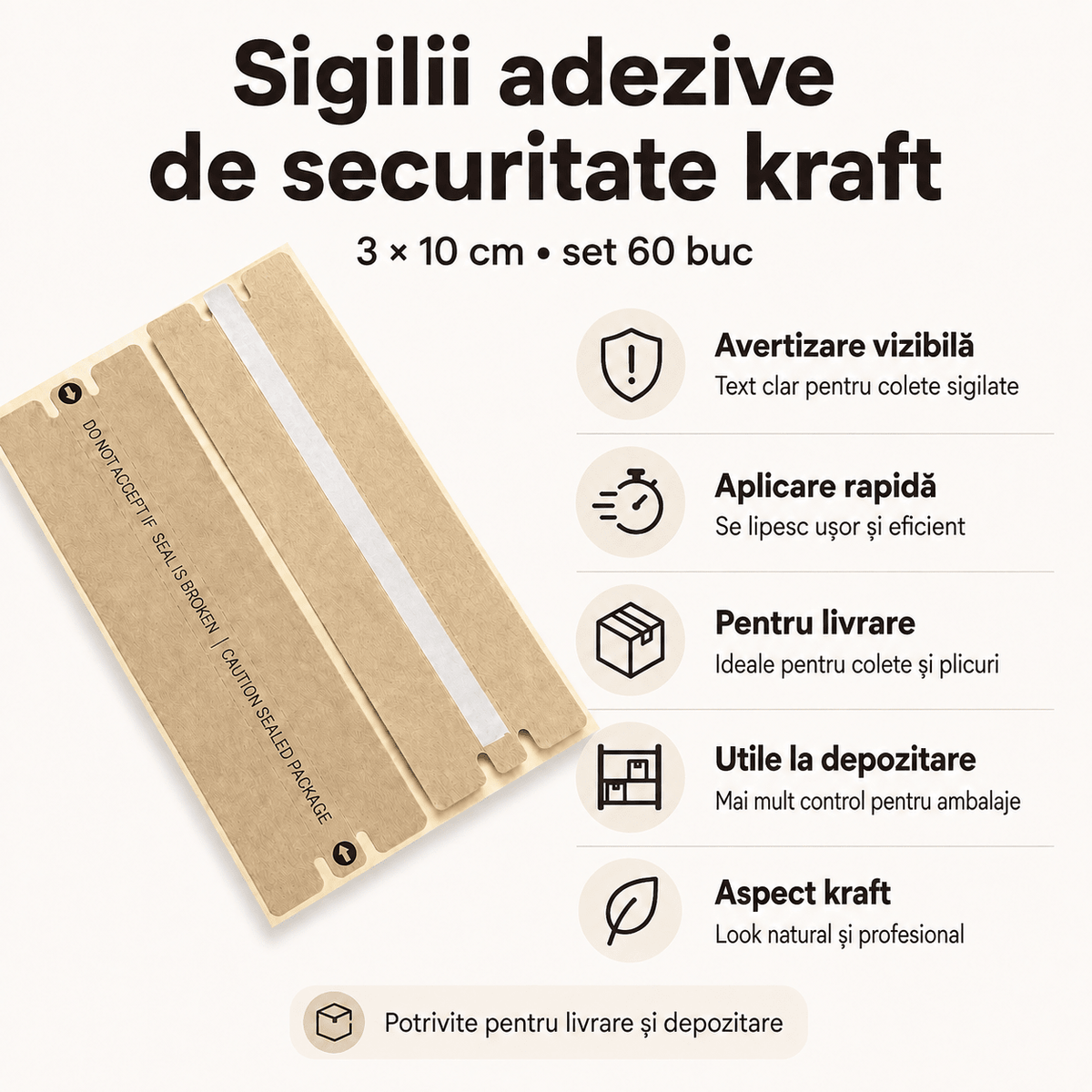 Sigilii adezive de securitate cu text de avertizare - kraft (set 60 buc) - CraftUp
