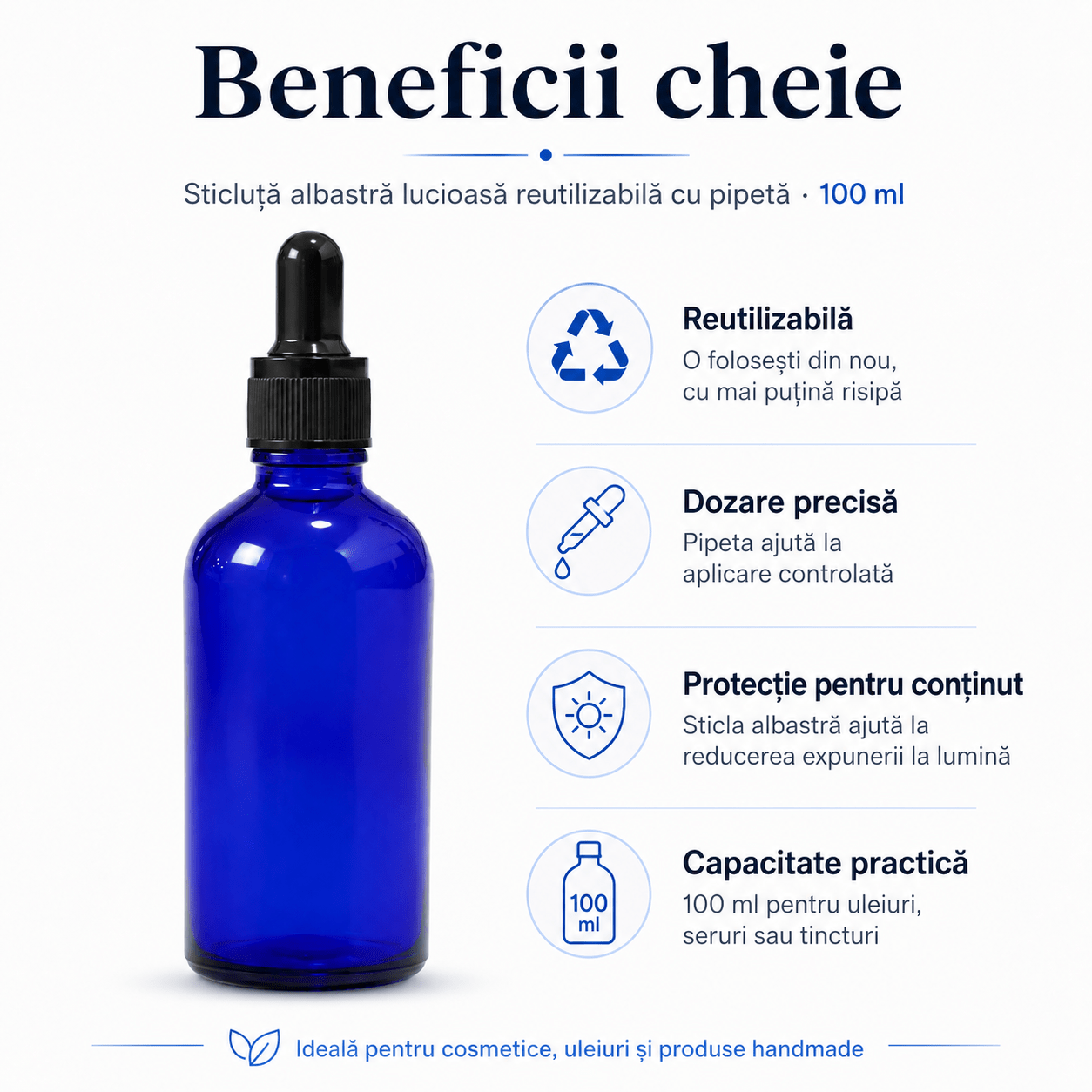 Sticluță albastră lucioasă reutilizabilă cu pipetă - 100ml - CraftUp