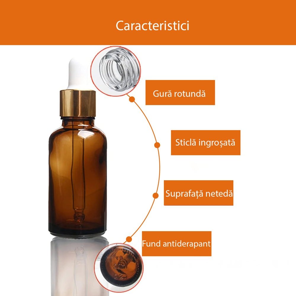 Sticluță ambră reutilizabilă cu pipetă și capac alb - auriu - CraftUp