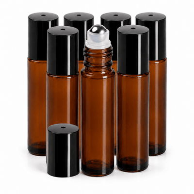 Sticluță ambră reutilizabilă cu roll on metalic și capac negru 10ml - CraftUp